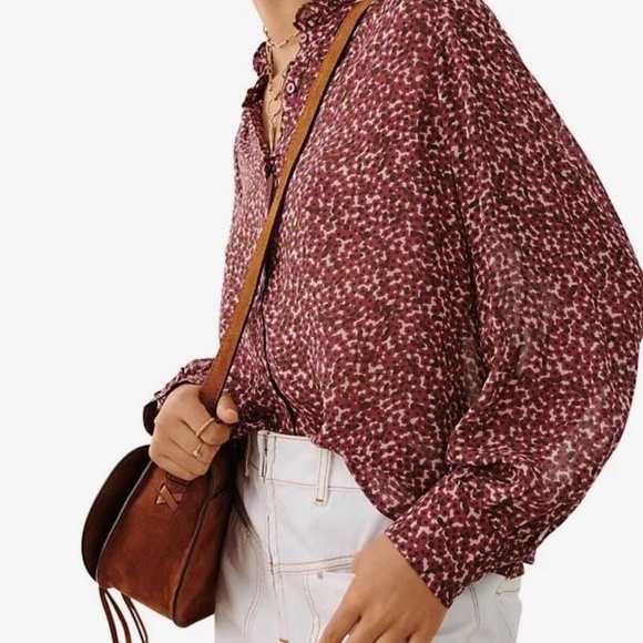 Ba&sh Pabi Printed Ruffle Neck Button-Front Blouse in Framboise, size 0 (XS) - Picture 4 of 9